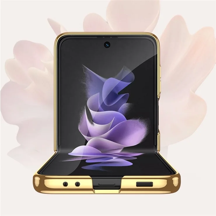 GKK For Samsung Galaxy Z Flip4 5G Pattern Printing Tempered Glass Back Shell Hard PC Electroplated Folding Phone Case with Small Tempered Glass Screen Film - Contrast Leather Texture 02