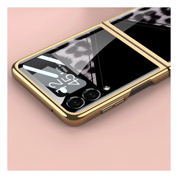 GKK For Samsung Galaxy Z Flip4 5G Pattern Printing Tempered Glass Back Shell Hard PC Electroplated Folding Phone Case with Small Tempered Glass Screen Film - Contrast Leather Texture 02