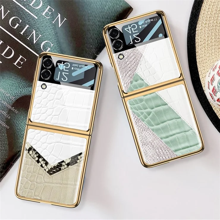 GKK For Samsung Galaxy Z Flip4 5G Pattern Printing Tempered Glass Back Shell Hard PC Electroplated Folding Phone Case with Small Tempered Glass Screen Film - Contrast Leather Texture 06