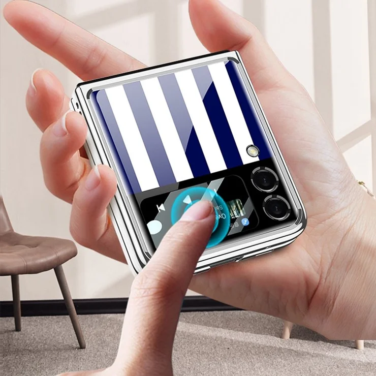 GKK For Samsung Galaxy Z Flip4 5G Pattern Printing Electroplated Back Case Fall-proof Tempered Glass+Hard PC Folding Phone Cover with Small Tempered Glass Screen Film - Cross Pattern