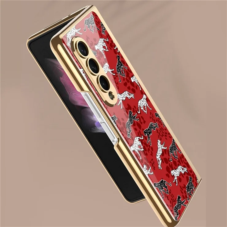 GKK For Samsung Galaxy Z Fold4 5G Tempered Glass Folding Phone Case Electroplated Pattern Printing Hard PC Shockproof Back Cover - Black Grid