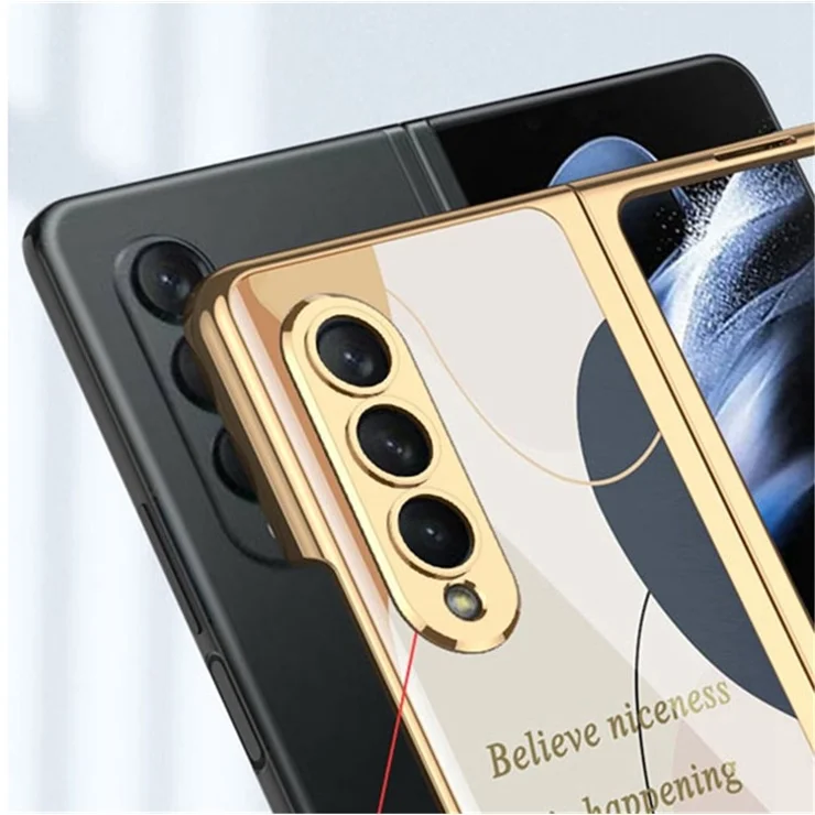 GKK For Samsung Galaxy Z Fold4 5G Tempered Glass Folding Phone Case Electroplated Pattern Printing Hard PC Shockproof Back Cover - Black Grid