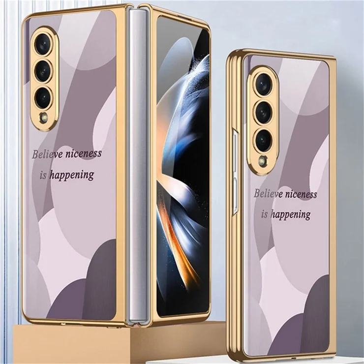 GKK For Samsung Galaxy Z Fold4 5G Tempered Glass Folding Phone Case Electroplated Pattern Printing Hard PC Shockproof Back Cover - Contrast Color 05