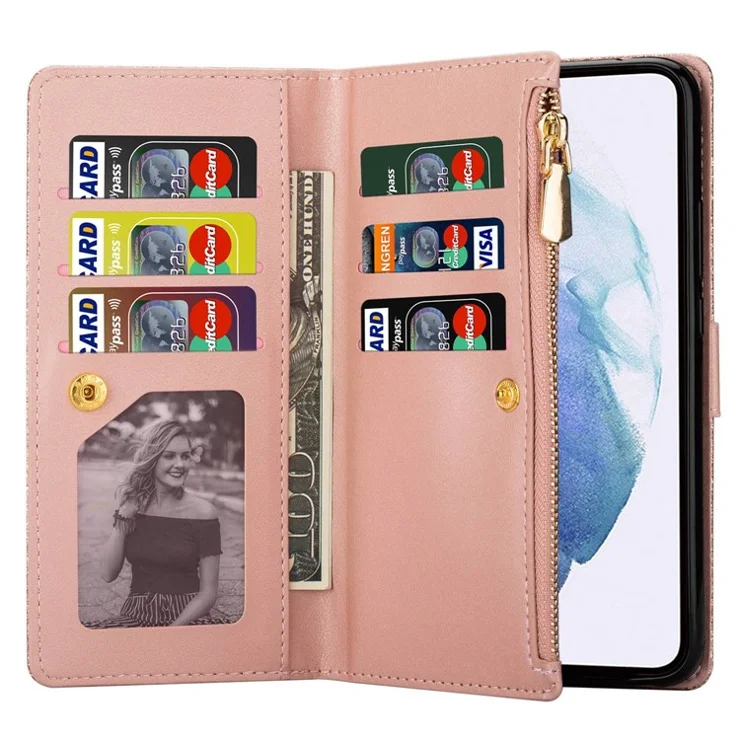 For Samsung Galaxy S23 PU Leather Phone Case Laser Carving Glittery Starry Style Zipper Flip Wallet Cover Stand Multiple Card Slots with Strap - Rose Gold