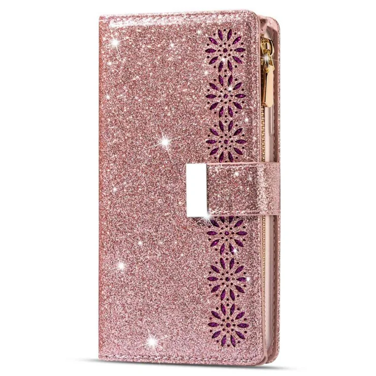 For Samsung Galaxy S23 PU Leather Phone Case Laser Carving Glittery Starry Style Zipper Flip Wallet Cover Stand Multiple Card Slots with Strap - Rose Gold