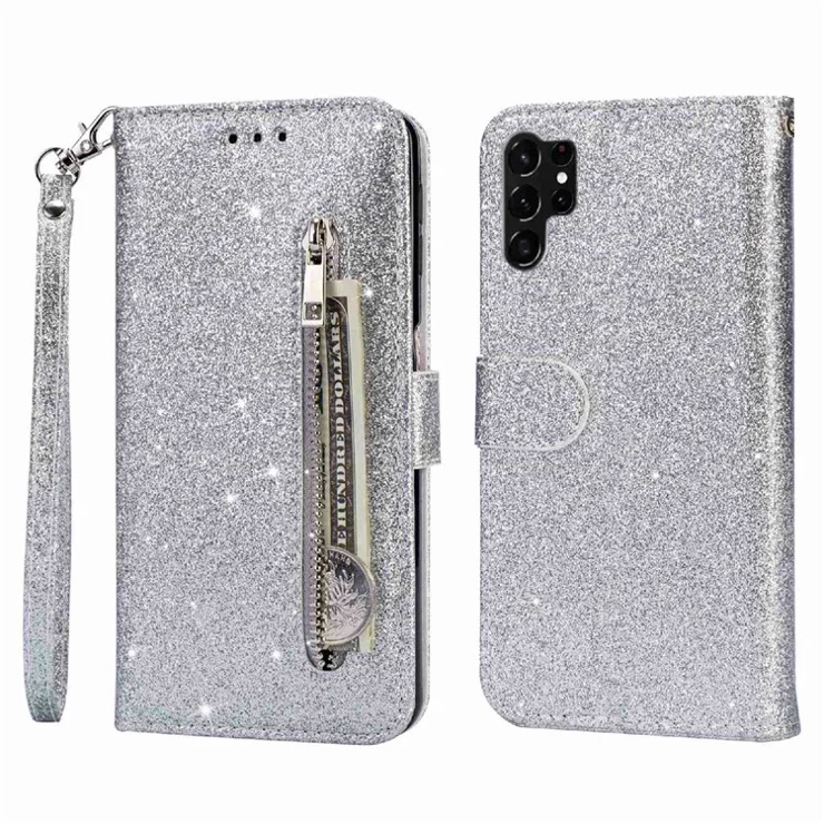 Glittery Phone Case For Samsung Galaxy S23 Ultra, Zipper Pocket Wallet Stand Magnetic Clasp PU Leather Cell Phone Cover - Silver
