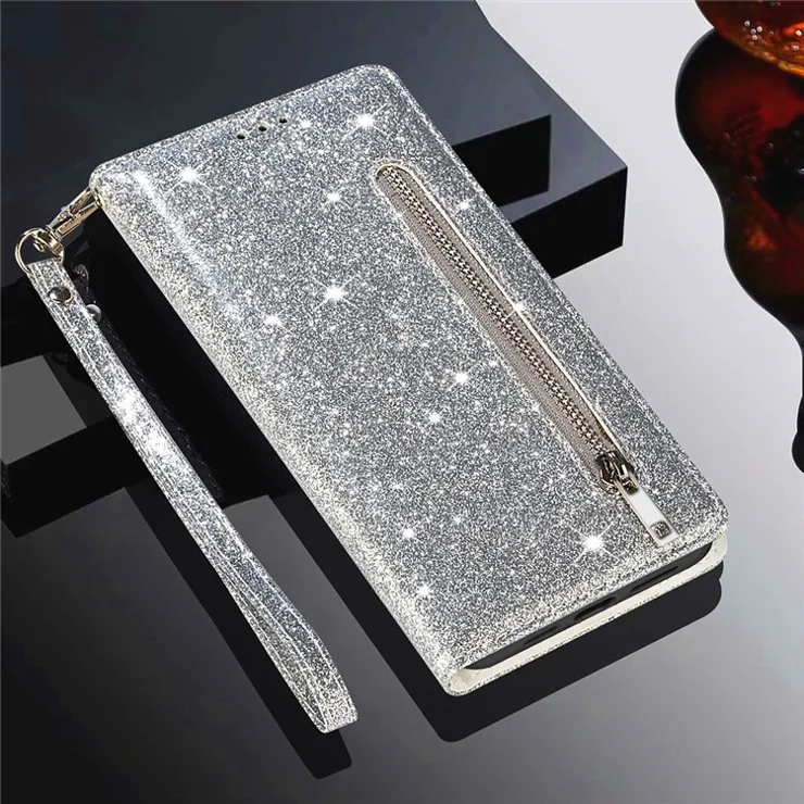 For Samsung Galaxy S23 Zipper Pocket Glittery PU Leather Anti-drop Phone Case Flip Wallet Stand Full Protection Phone Cover - Silver