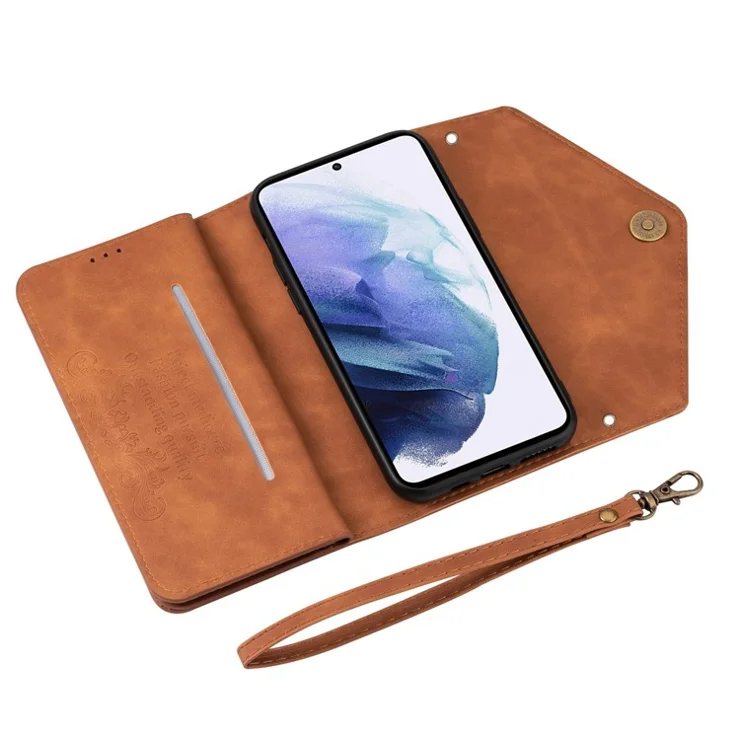 For Samsung Galaxy S23+ Zipper Pocket PU Leather Case Wallet Stand Skin-touch Feeling Phone Cover with Short + Long Strap - Brown
