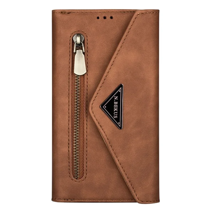 For Samsung Galaxy S23+ Zipper Pocket PU Leather Case Wallet Stand Skin-touch Feeling Phone Cover with Short + Long Strap - Brown