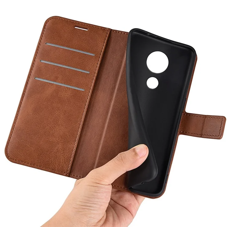 For Nokia C21 Anti-fingerprint Calf Texture Stand Wallet PU Leather Case Square Magnetic Closure Flip Phone Cover - Light Brown