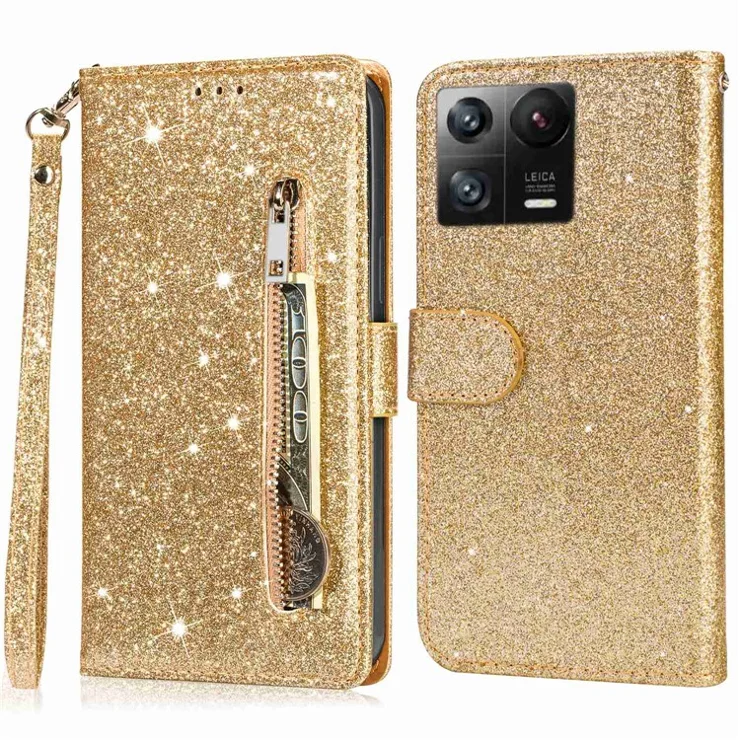 For Xiaomi 13 Glitter Sparkly Flip Folio PU Leather Phone Case Zipper Pocket Magnetic Wallet Stand Cover with Strap - Gold