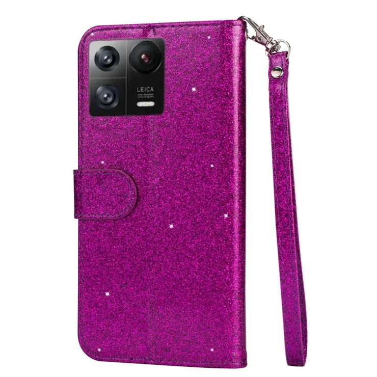 For Xiaomi 13 Glitter Sparkly Flip Folio PU Leather Phone Case Zipper Pocket Magnetic Wallet Stand Cover with Strap - Purple