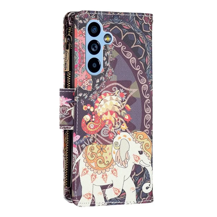 For Samsung Galaxy A54 5G Leather Case with Strap Pattern Printing Zipper Wallet Phone Stand Cover - Flowers and Elephant