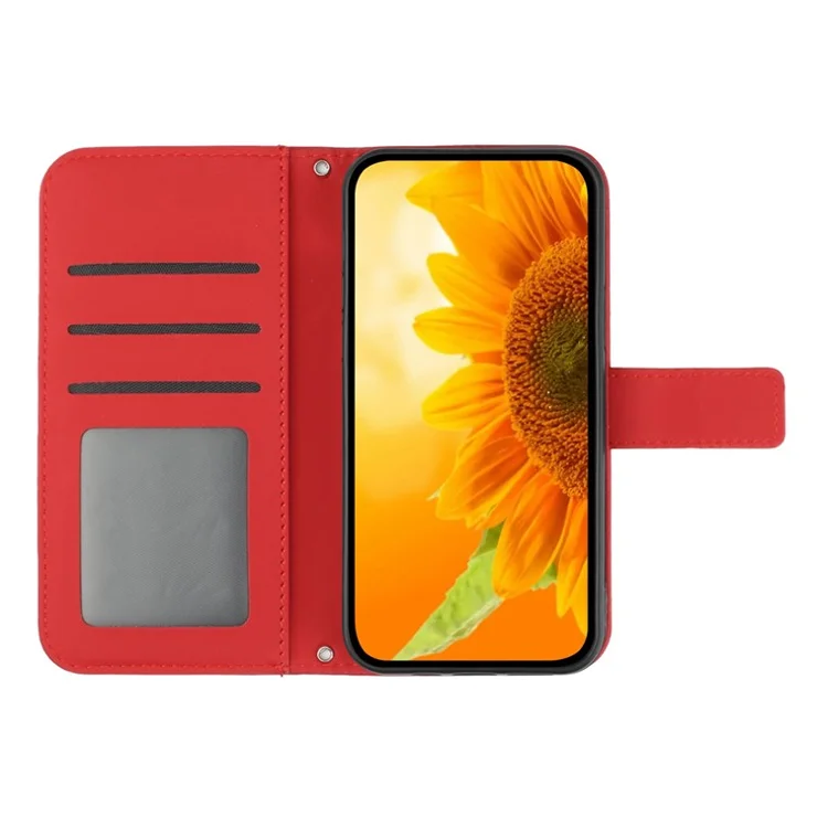 For Samsung Galaxy A54 5G HT04 Imprinted Sunflower Wallet Flip Case Skin-Touch PU Leather Stand Magnetic Phone Cover with Hand Strap - Red