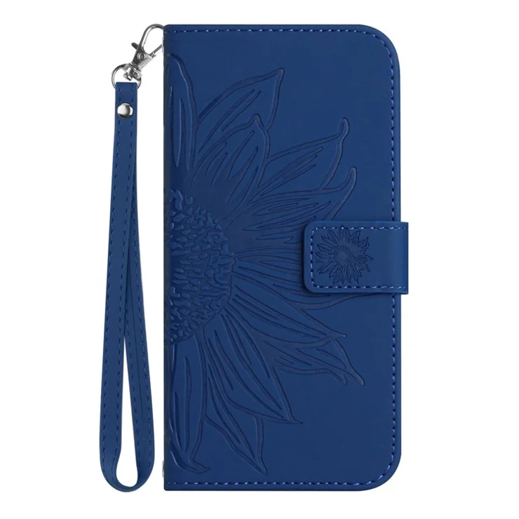 For Samsung Galaxy A54 5G HT04 Imprinted Sunflower Wallet Flip Case Skin-Touch PU Leather Stand Magnetic Phone Cover with Hand Strap - Sapphire