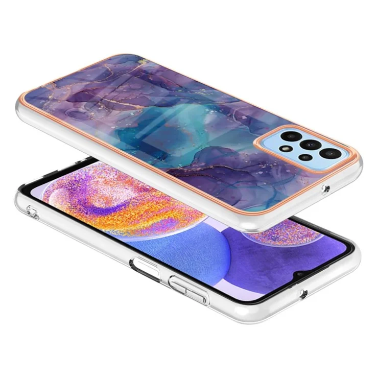 YB IMD Series-16 Style E for Samsung Galaxy A33 5G IMD Marble Pattern Shockproof Phone Case Electroplating Frame 2.0mm Soft TPU Cover - Purple