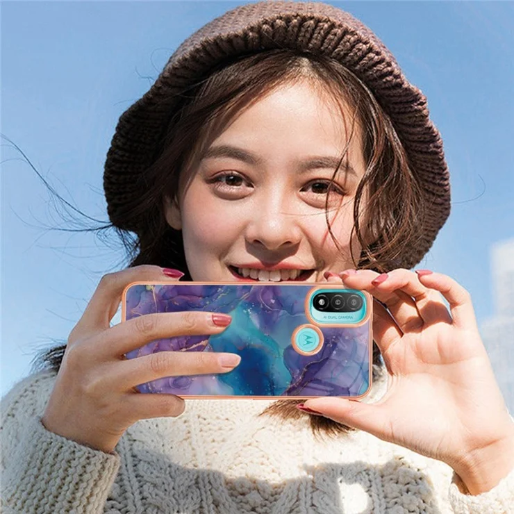 YB IMD Series-16 for Motorola Moto E20 / E30 / E40 Style E Marble Pattern IMD Phone Case Electroplating Frame 2.0mm TPU Anti-Scratch Shockproof Cover - Purple