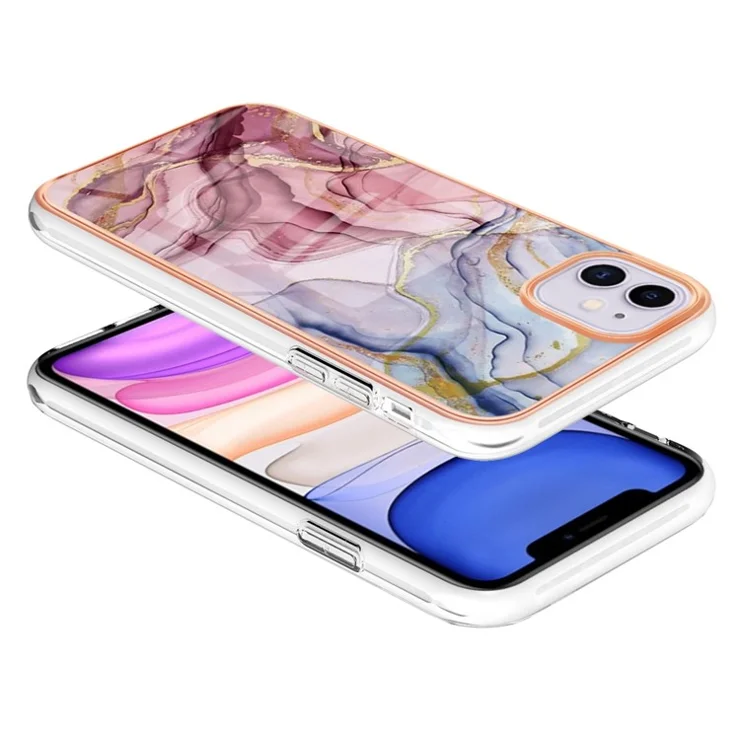 For iPhone 11 6.1 inch YB IMD Series-16 Style E Marble Pattern Case 2.0mm TPU Electroplated IMD Anti-scratch Phone Cover Support Wireless Charging - Rose Gold