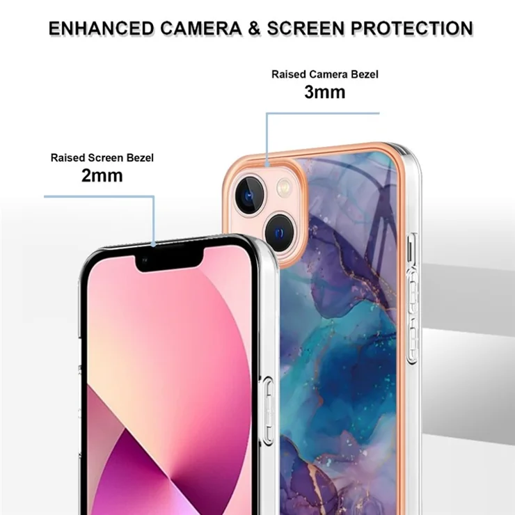 For iPhone 13 6.1 inch YB IMD Series-16 Style E 2.0mm TPU Drop Tested Phone Case Electroplating Frame Marble Pattern IMD Back Cover - Purple