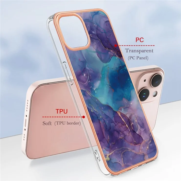 For iPhone 13 6.1 inch YB IMD Series-16 Style E 2.0mm TPU Drop Tested Phone Case Electroplating Frame Marble Pattern IMD Back Cover - Purple