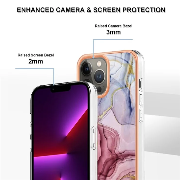 For iPhone 13 Pro Max 6.7 inch YB IMD Series-16 Style E Marble Pattern Electroplating Frame Design Case 2.0mm TPU Scratch-Resistant IMD Phone Cover - Rose Gold