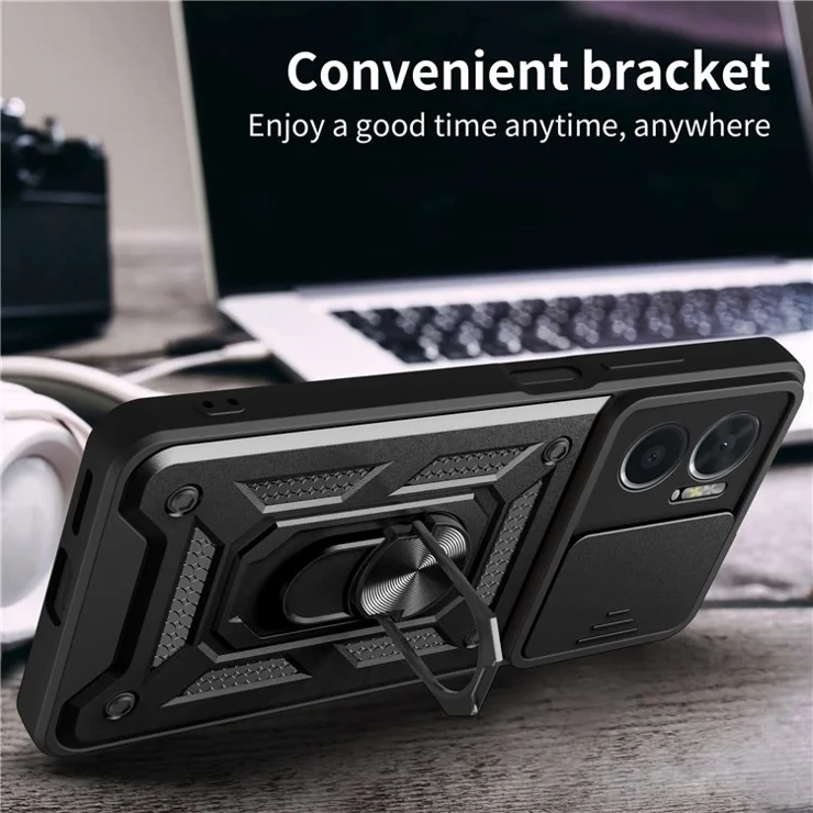 Bump Proof Phone Case for Xiaomi Redmi Note 11E 5G / Redmi 10 5G / 10 Prime+ 5G, PC + TPU Protective Back Cover with Slide Camera Protector and Ring Kickstand - Blue