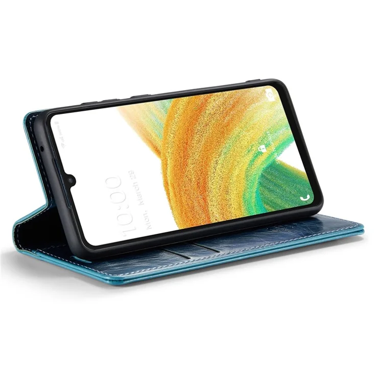 CASEME 003 Series For Samsung Galaxy A33 5G Magnetic Adsorption PU Leather Phone Shockproof Case Waxy Texture Wallet Stand Cover - Blue