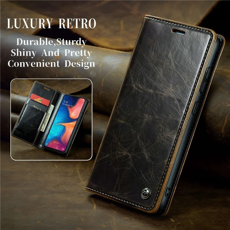 CASEME 003 Series For Samsung Galaxy A20 / A30 / M10s Magnetic Adsorption PU Leather Full Coverage Wallet Case Waxy Texture Phone Stand Cover - Coffee