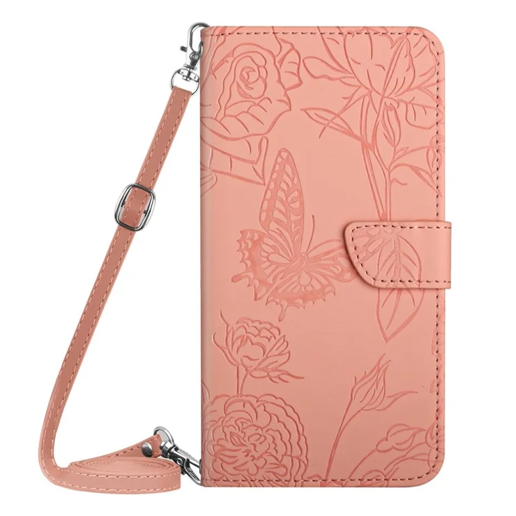 For Xiaomi Redmi 11 Prime 4G HT03 Fingerprint Free Butterfly Flowers Imprinted Wallet Phone Case Skin-touch PU Leather Flip Folio Stand Magnetic Cover with Shoulder Strap - Pink