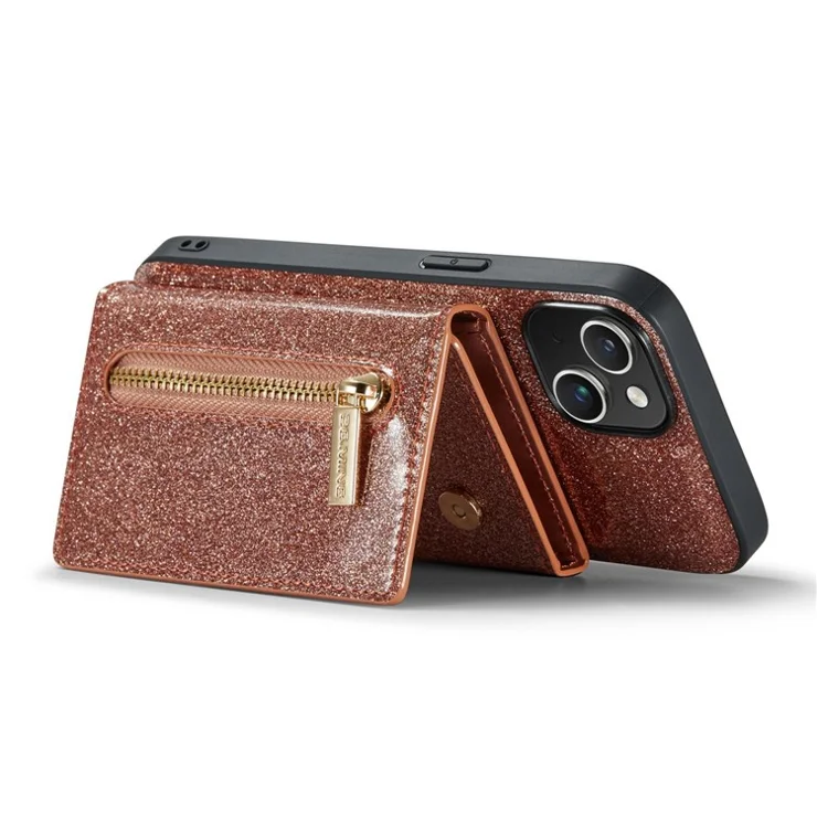 DG.MING M3 Series For iPhone 14 2-in-1 Detachable Shockproof Phone Case Glittery Zippered Wallet Magnetic Back Cover Kickstand - Rose Gold