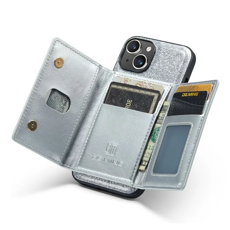 DG.MING M3 Series Magnetic Phone Cover For iPhone 13 6.1 inch Anti-drop 2-in-1 Detachable Glittery Zippered Wallet Phone Case Kickstand - Silver