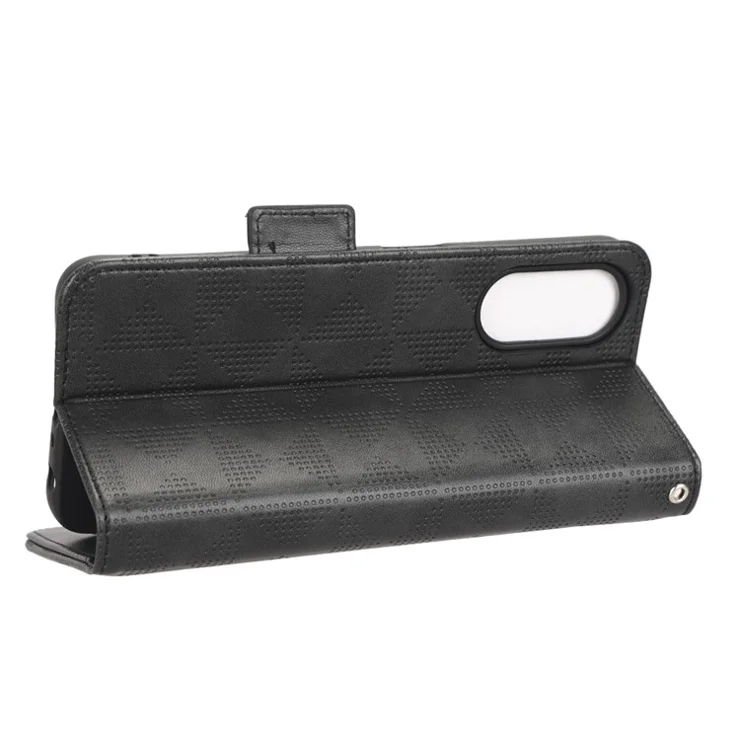 For Oppo A58 5G Imprinted Triangle Pattern PU Leather Wallet Stand Case Phone Drop-proof Cover with Hand Strap - Black