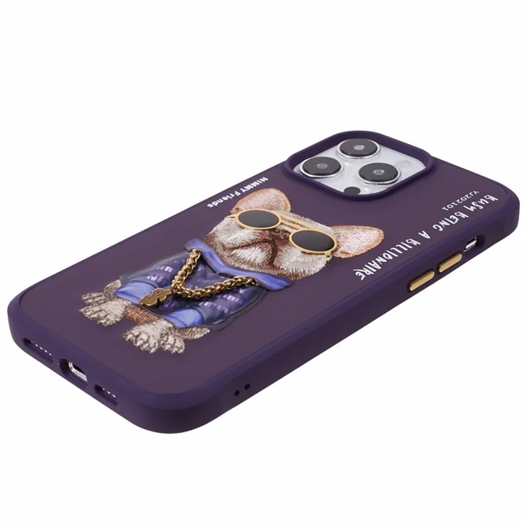 NIMMY Glasses Pet Series for iPhone 14 Pro Embroidery PU Leather+PC+TPU Case Anti-drop Phone Cover - Pug Dog / Purple