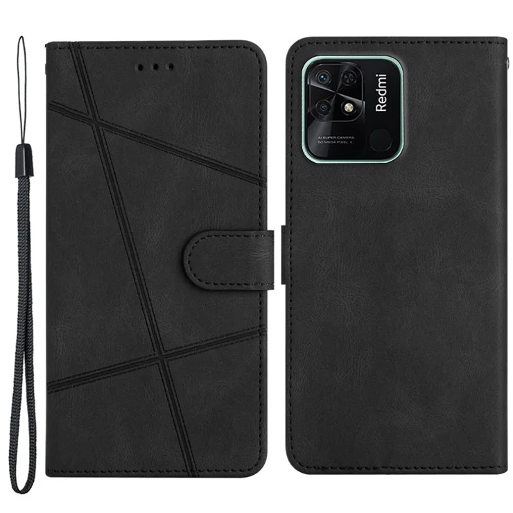 PU Leather Phone Case for Xiaomi Redmi 10C 4G, Imprinted Line Decor Wallet Stand Crazy Horse Texture Cover with Strap - Black