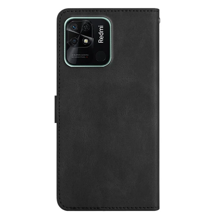 PU Leather Phone Case for Xiaomi Redmi 10C 4G, Imprinted Line Decor Wallet Stand Crazy Horse Texture Cover with Strap - Black