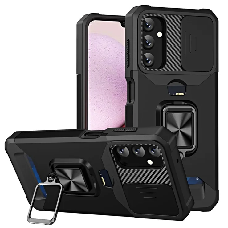 For Samsung Galaxy A14 5G / A14 4G Card Holder Kickstand Phone Case Hard PC Soft TPU Hybrid Cover with Slide Camera Lens Protector - Black