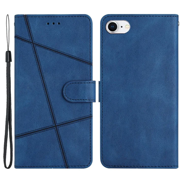 Phone Case for iPhone 6 / 6s / 7 / 8 4.7-inch / iPhone SE (2022) / SE (2020) Lines Imprinted Anti-Drop Stand Case Crazy Horse Texture PU Leather Cover with Strap - Blue