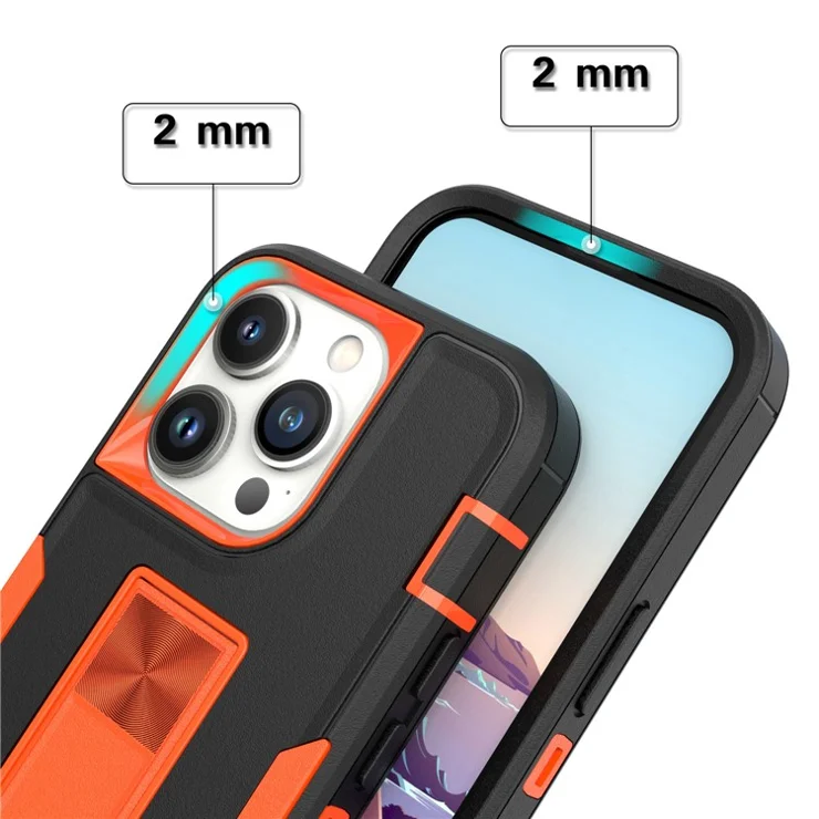 For iPhone 14 Pro Hard PC Flexible TPU Shock-Absorbing Cover Kickstand Non-Slip Protective Phone Case Support Car Mount - Dark Grey / Fluorescent Green