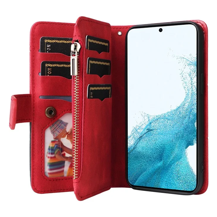 For Samsung Galaxy S23 Leather Case with Strap Zipper 9 Card Slot Phone Cover Stand - Red
