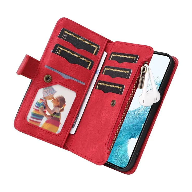 For Samsung Galaxy S23 Leather Case with Strap Zipper 9 Card Slot Phone Cover Stand - Red