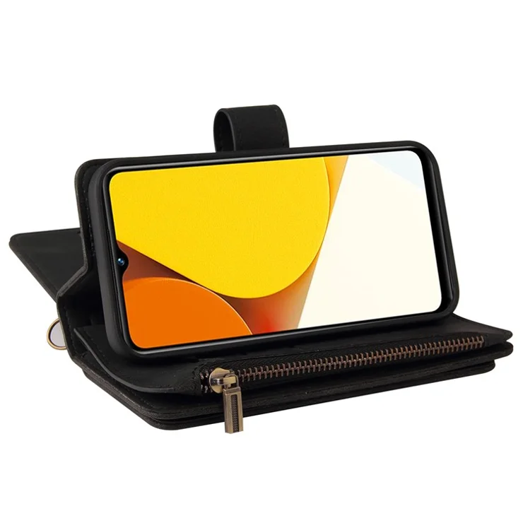 For vivo Y35 / Y22 4G / Y22s 4G Zipper Wallet Case with 15 Card Slots and Strap Leather Phone Cover - Black