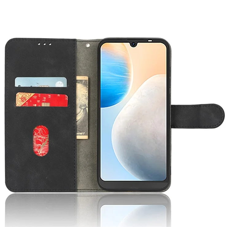 Skin-Touch Feeling Phone Case for TECNO Pop 6 4G, Wallet Stand Flip Anti-Scratch PU Leather+TPU Cover - Black