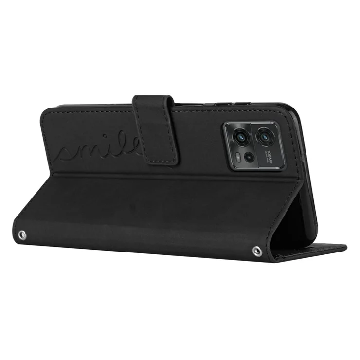 Phone Wallet Case For Motorola Moto G72 4G Skin-touch PU Leather Stand Imprinted Heart Shape Cell Phone Cover with Strap - Black