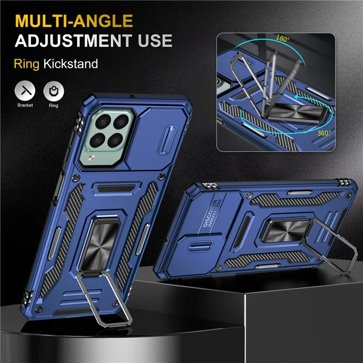 Armor Series for Samsung Galaxy M53 5G Kickstand Design Bump Proof Phone Case PC + TPU Protective Back Cover with Slide Camera Cover - Navy Blue