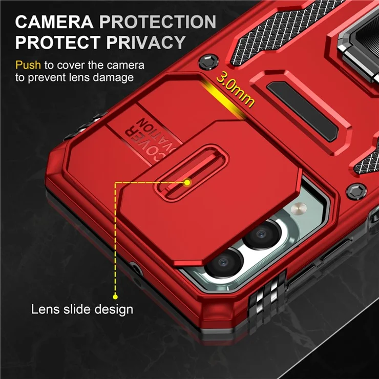 Armor Series for Samsung Galaxy M53 5G Kickstand Design Bump Proof Phone Case PC + TPU Protective Back Cover with Slide Camera Cover - Red
