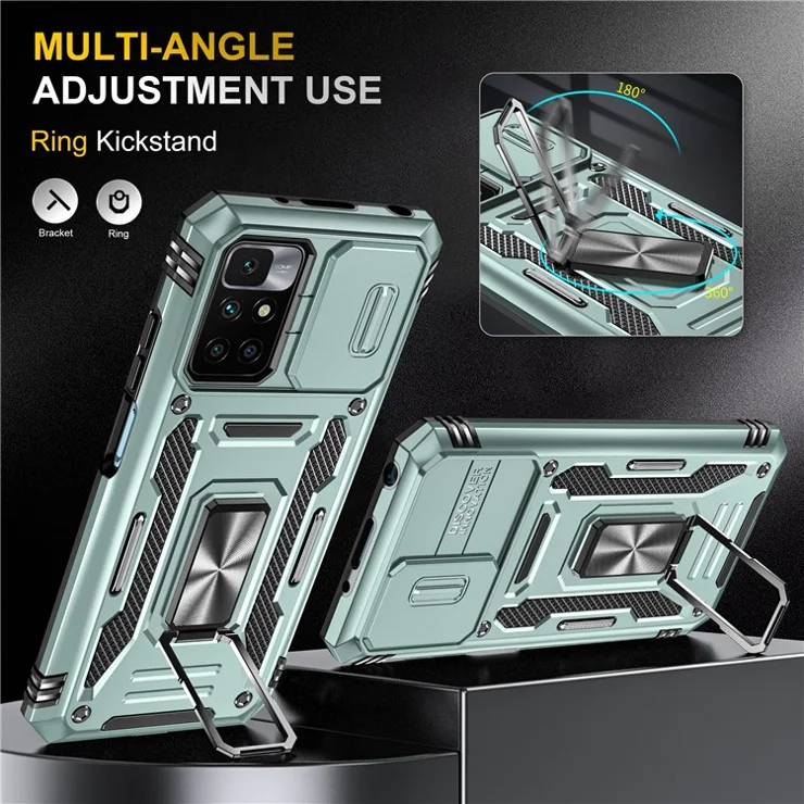 Armor Series for Xiaomi Redmi 10 4G (2021) / Redmi 10 2022 4G / Redmi Note 11 4G (MediaTek) Kickstand Phone Case Slide Camera Protection PC + TPU Dual Layar Rugged Cover - Green
