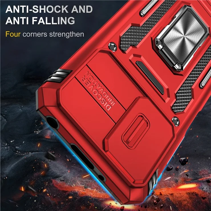Armor Series for Xiaomi Redmi 10 4G (2021) / Redmi 10 2022 4G / Redmi Note 11 4G (MediaTek) Kickstand Phone Case Slide Camera Protection PC + TPU Dual Layar Rugged Cover - Red