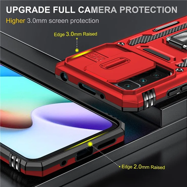 Armor Series for Xiaomi Redmi 10 4G (2021) / Redmi 10 2022 4G / Redmi Note 11 4G (MediaTek) Kickstand Phone Case Slide Camera Protection PC + TPU Dual Layar Rugged Cover - Red