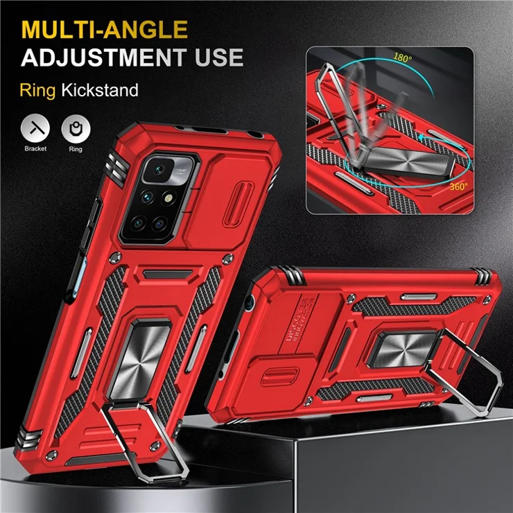 Armor Series for Xiaomi Redmi 10 4G (2021) / Redmi 10 2022 4G / Redmi Note 11 4G (MediaTek) Kickstand Phone Case Slide Camera Protection PC + TPU Dual Layar Rugged Cover - Red