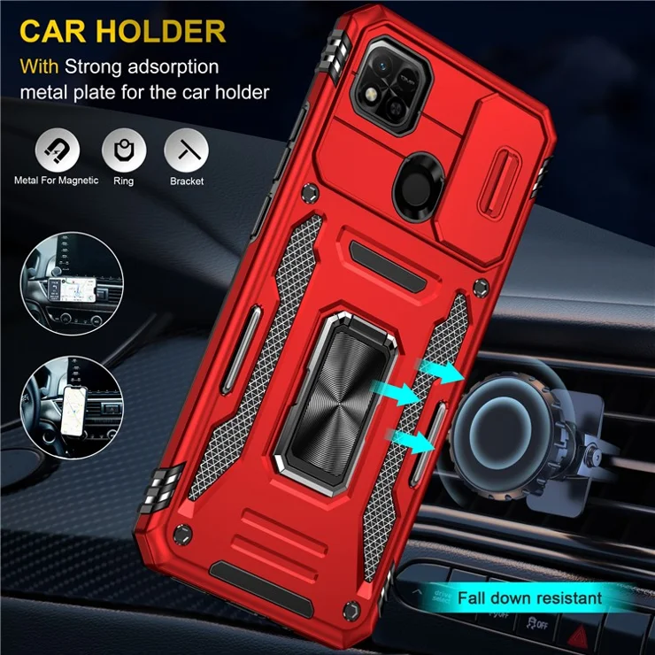 Armor Series for Xiaomi Redmi 9C / 9C NFC / 10A Shockproof Cellphone Shell, Slide Camera Protector Kickstand Phone Case PC + TPU Protective Cover - Red